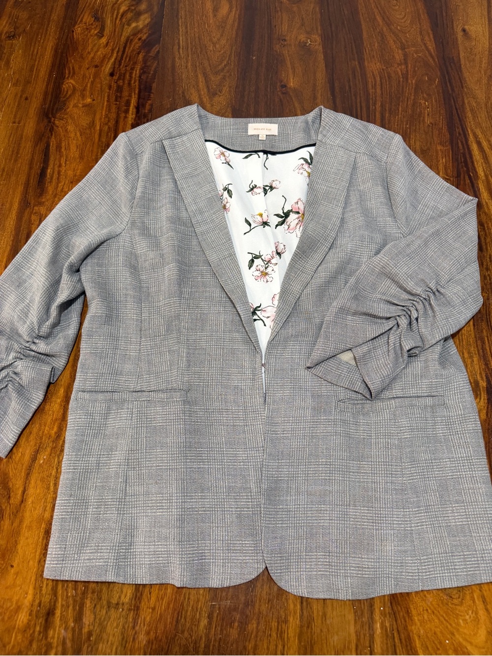 Skies Are Blue Gray Windowpane Plaid Blazer XL 3/4 Sleeve Floral Lining